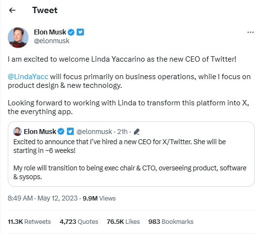2023 05 12 Musk twitter new CEO